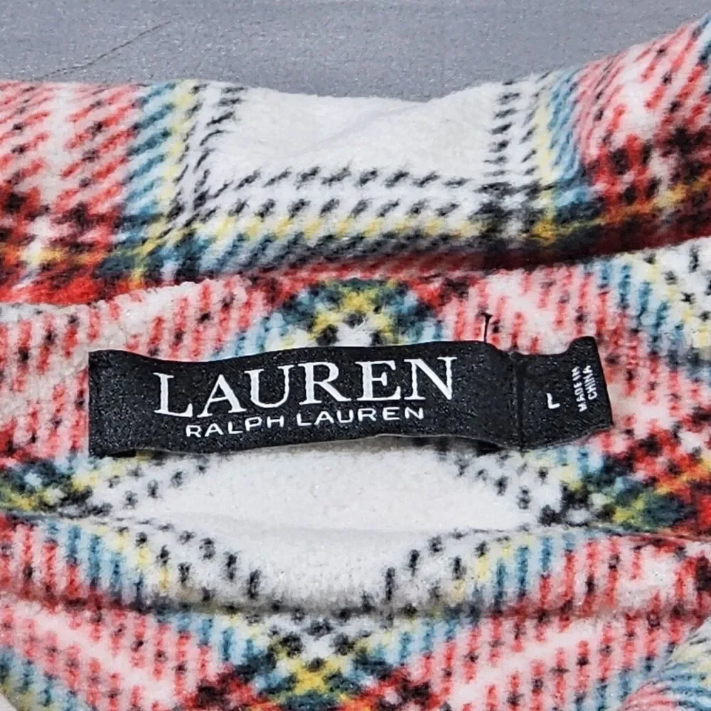 Lauren Ralph Lauren Pajama Top Large L Plaid Fleece Flannel Button Up Crest Red